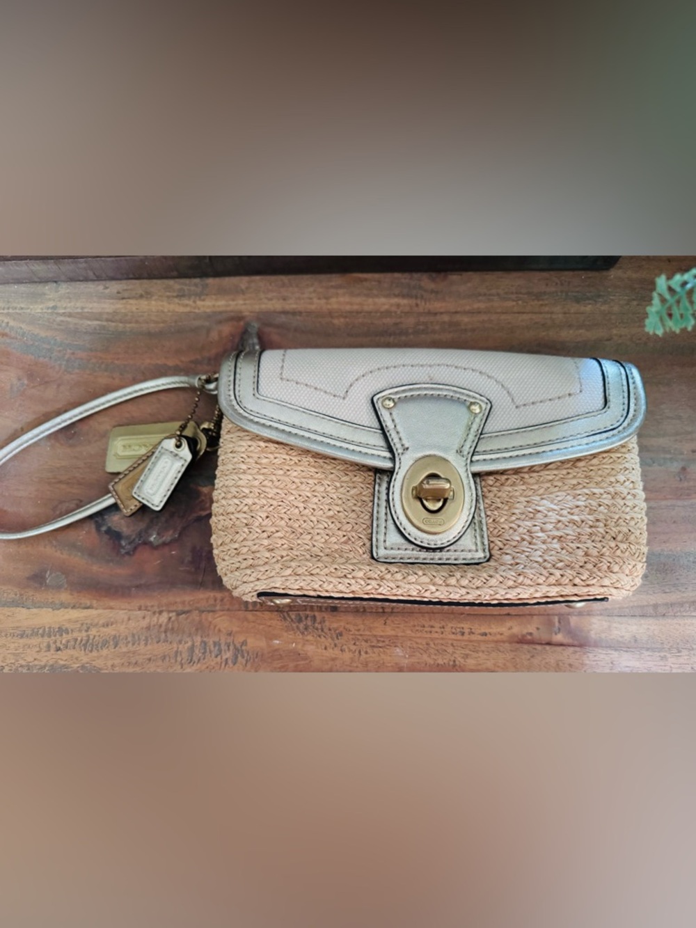 Coach Straw Wristlet with Silver Leather Trim and Gold Turn-Lock